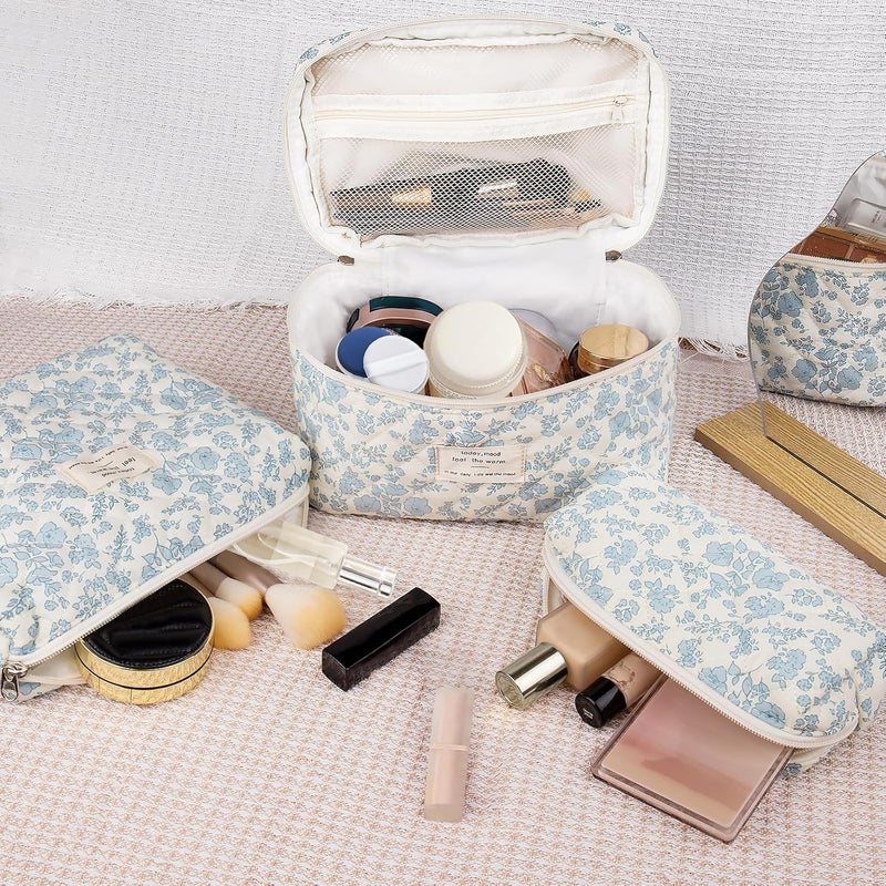 Gosect Makeup Bag Set, Quilted Makeup Bag, Large Floral Cosmetic Bag for Women, Cute Cotton Makeup Bags, Flower Travel Toiletry Organizer Bag (Rose Plaid Pattern) - Image 5